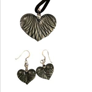 Murano Style Puffy Heart Black and White necklace and earrings